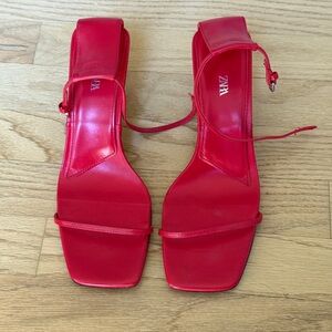 Zara Red Square-Toe Strappy Sandals